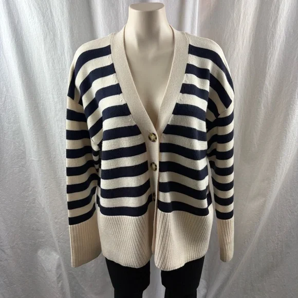 Zara Dark Navy and Cream Striped V-Neck Cardigan M - Picture 4 of 11